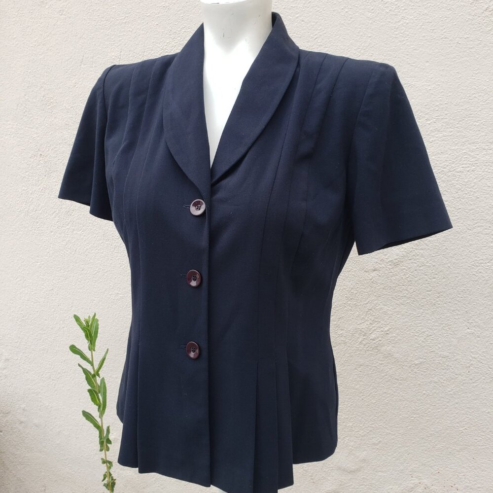 vintage style navy short sleeve jacket top with flattering pleats